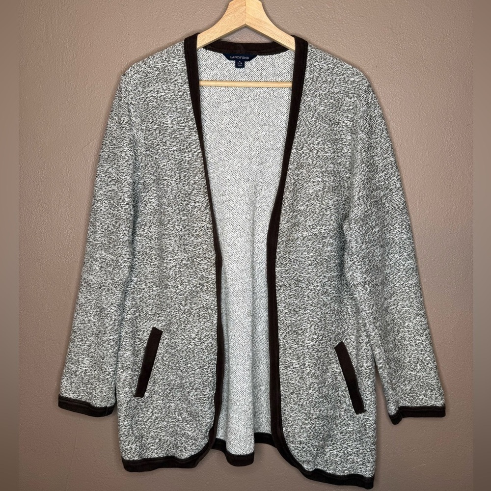 Lands' End Women's Sz Large Heathered Gray Cardigan with Brown Trim Cottagecore